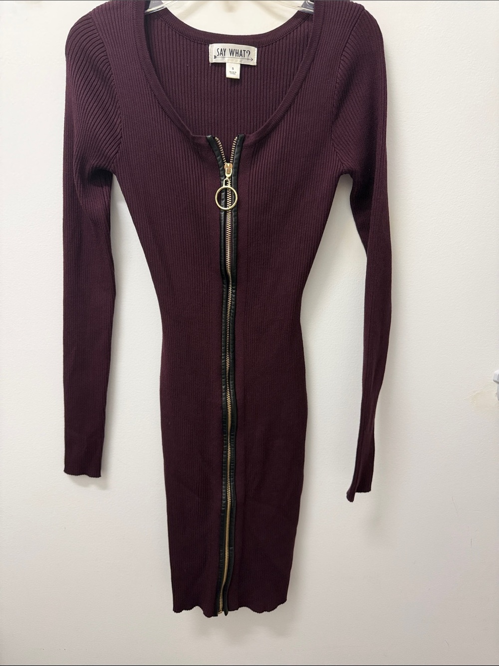 Say What? Long Sleeve Ribbed Zip-Front Bodycon Dress - Burgundy